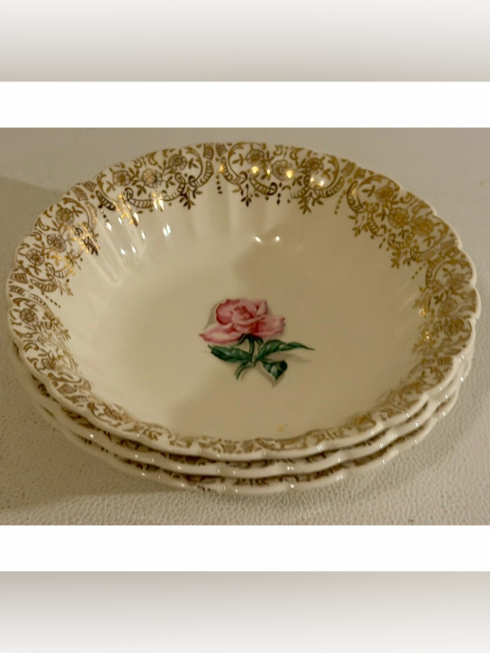 American Limoges Le Fleur Rouge Bowls Set 3 22K Gold Pink Rose USA Vintage Charm